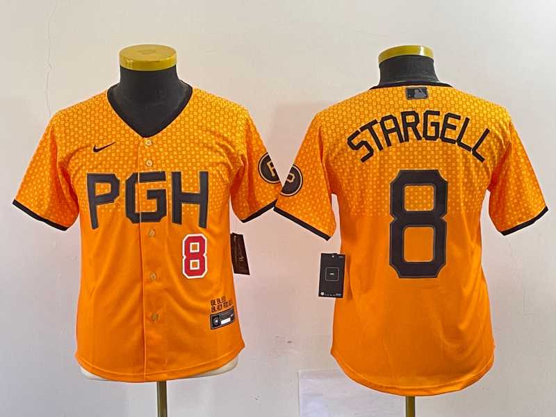 Youth Pittsburgh Pirates #8 Willie Stargell Number Yellow 2023 City Connect Stitched Jersey->mlb youth jerseys->MLB Jersey